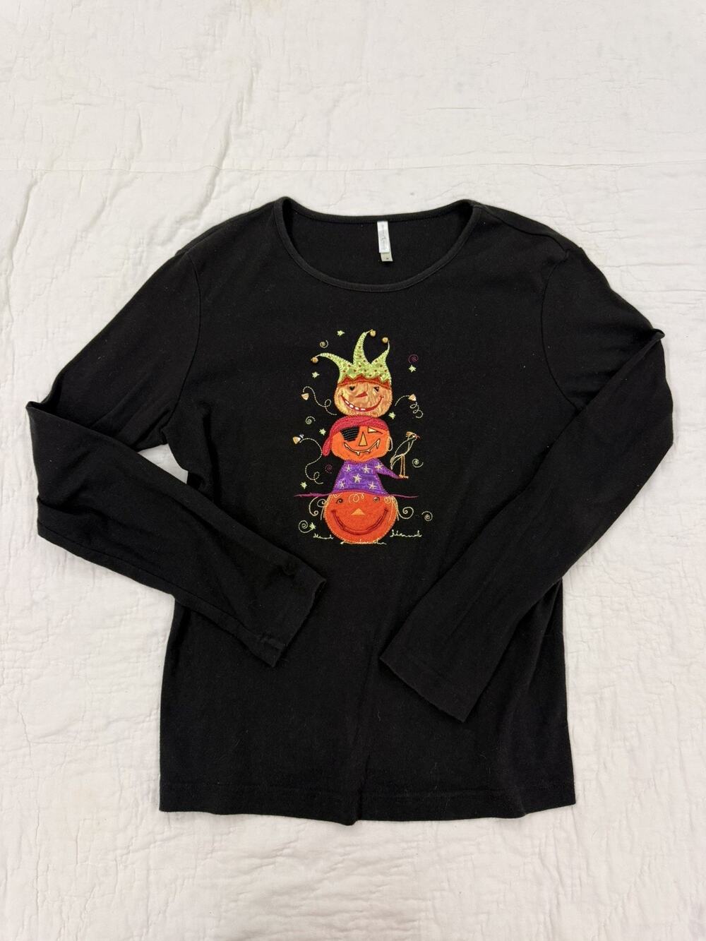 Jack o Lantern M Sequin PUMPKIN Halloween Fall Autumn Black TOP